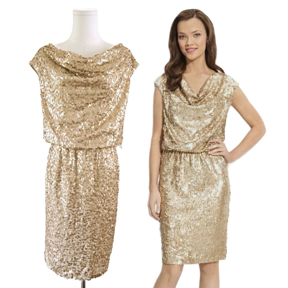 NWT Eliza J Gold Sequin Cowl Neck Blouson Sheath Party Cocktail Dress Size 6